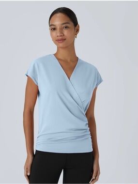 NWT HALARA Light Blue Wrap-Style Short Sleeve Top